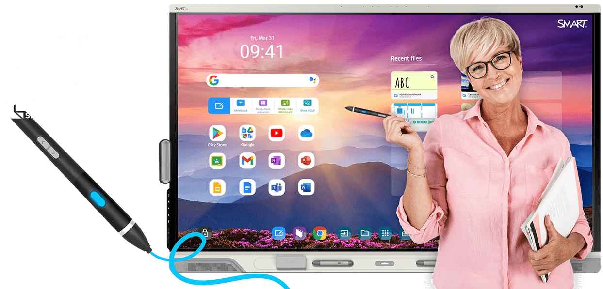 Teacher writing on a SMART Board with the SMART MultiStylus
