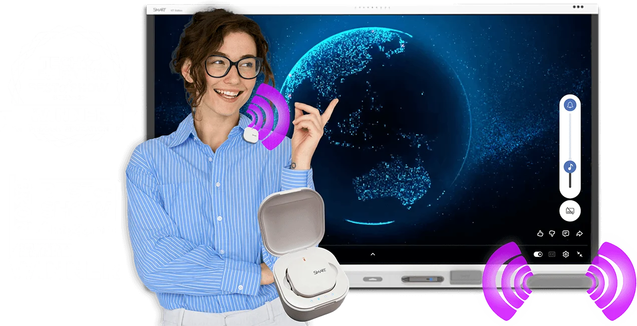 Teacher wearing a SMART SoundLift microphone in front of a SMART Board