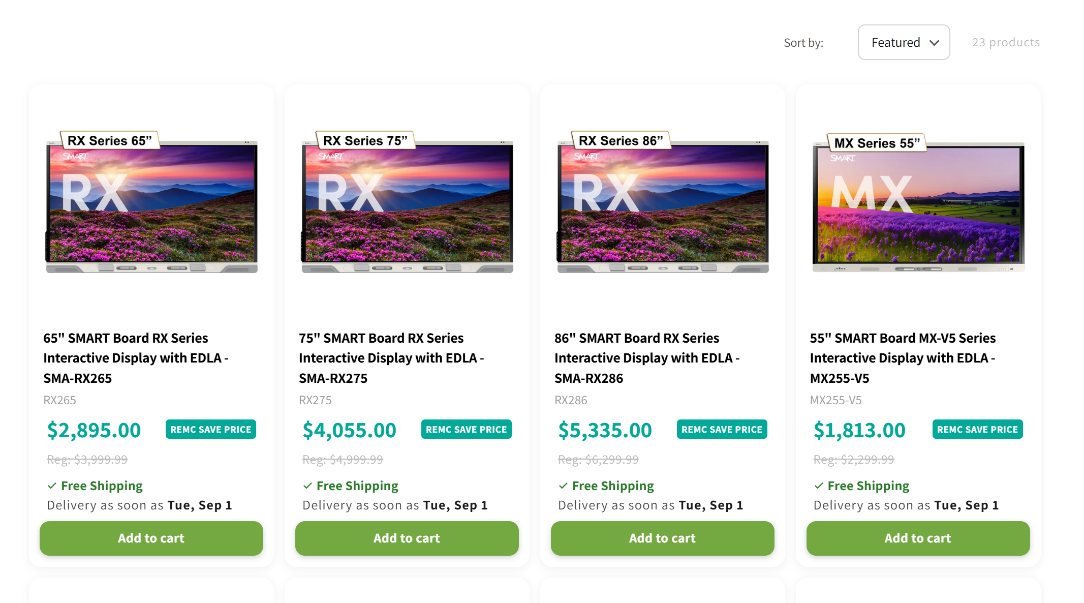 Collection page grid showing REMC SAVE Price badges on multiple product cards